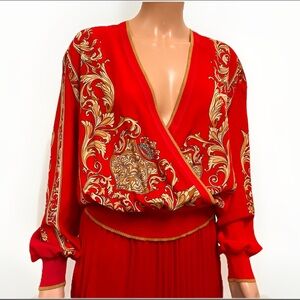 Versace Style Blouse Red & Gold Baroque Women's Size Medium Long Sleeve Top